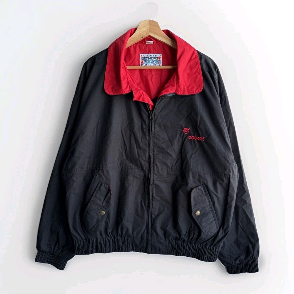 Vintage 1980s Turning Point Bobcat Men’s XL Black Windbreaker Full Zip Jacket